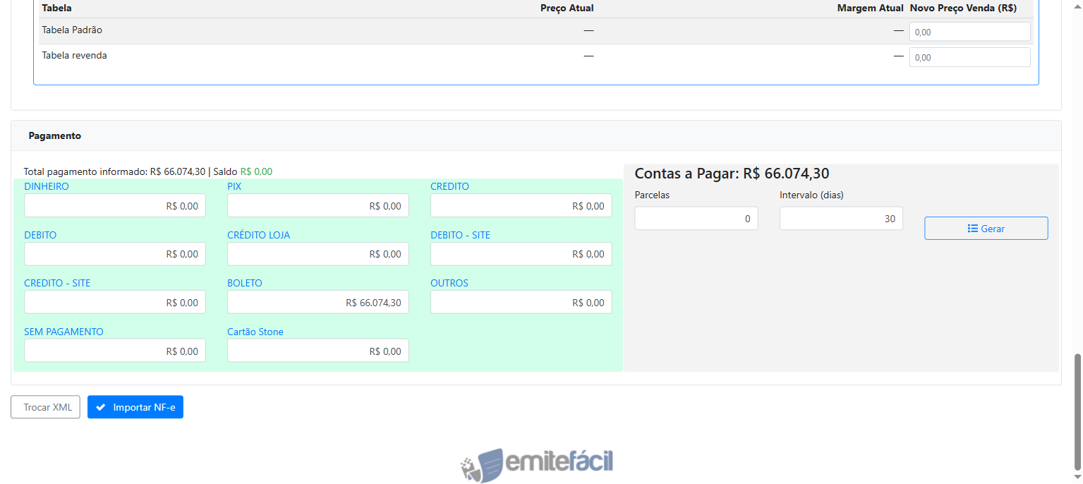 Seção de pagamento e botão Importar NF-e habilitado