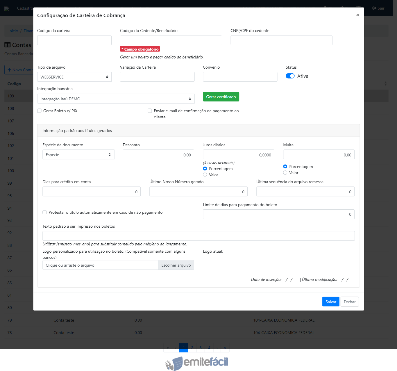 Modal de Carteira — seção de informações padrão dos boletos