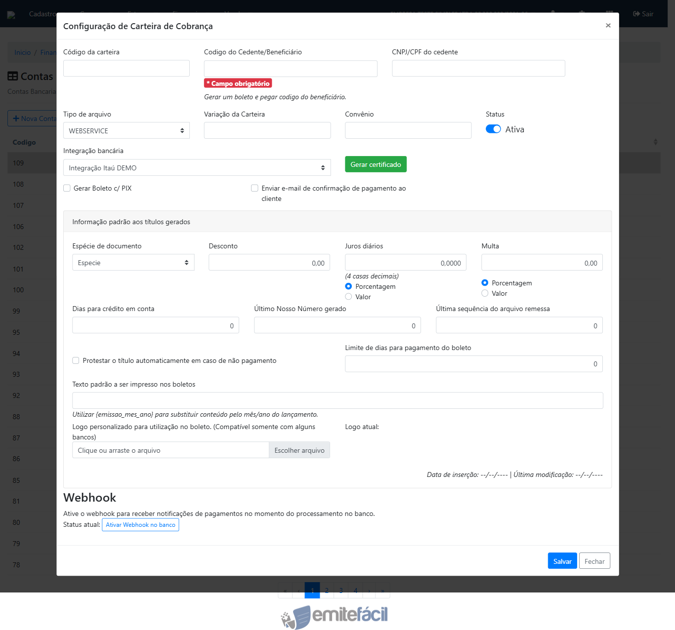 Modal de Carteira — seção Webhook com botão Ativar Webhook no banco