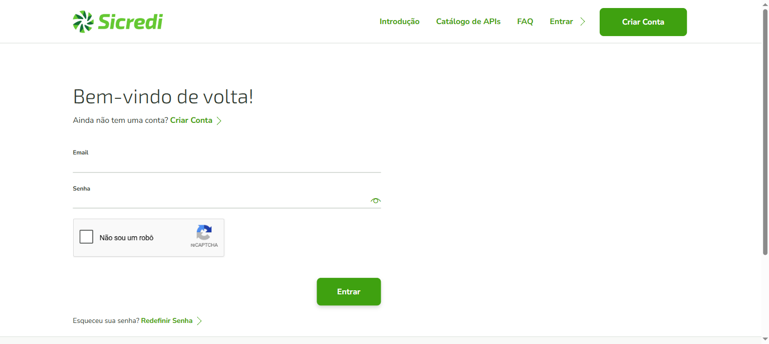 Tela de login do Portal Sicredi Developers