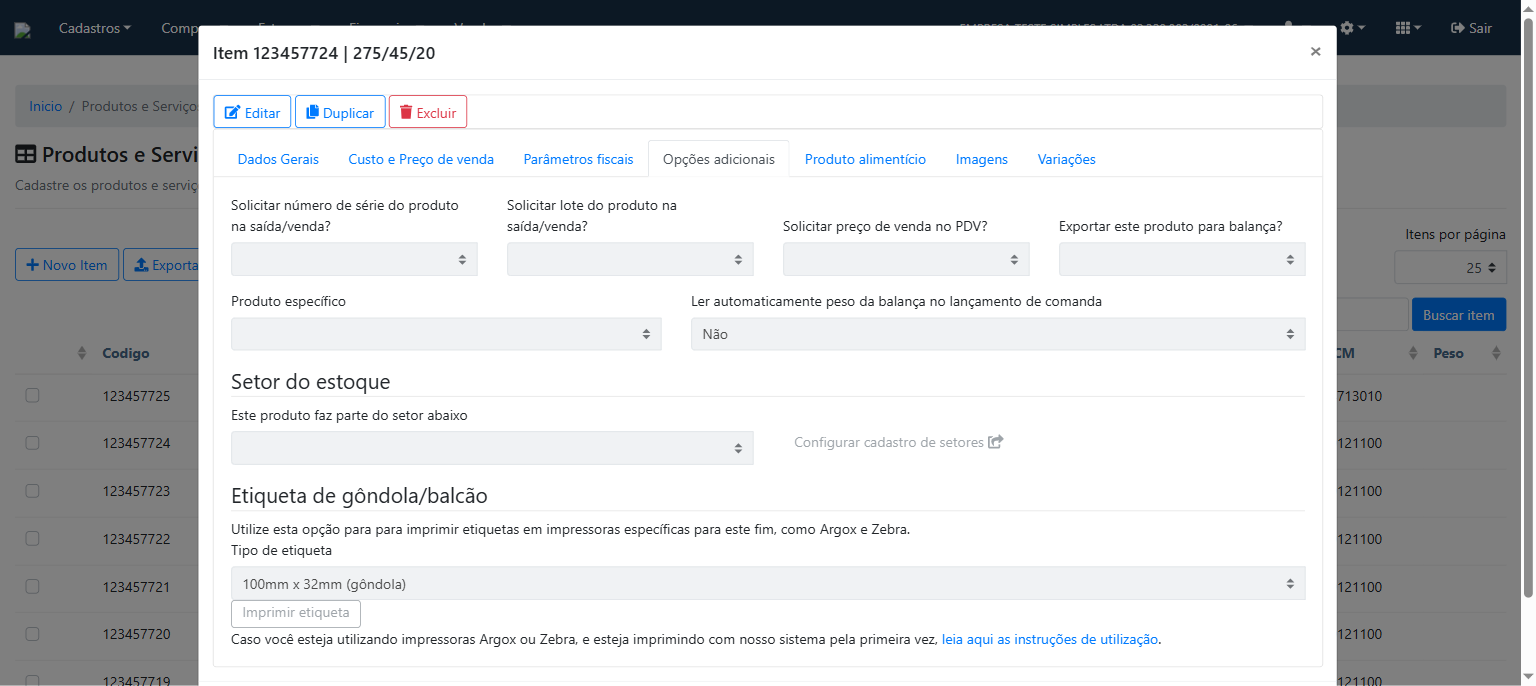 Aba Opções adicionais