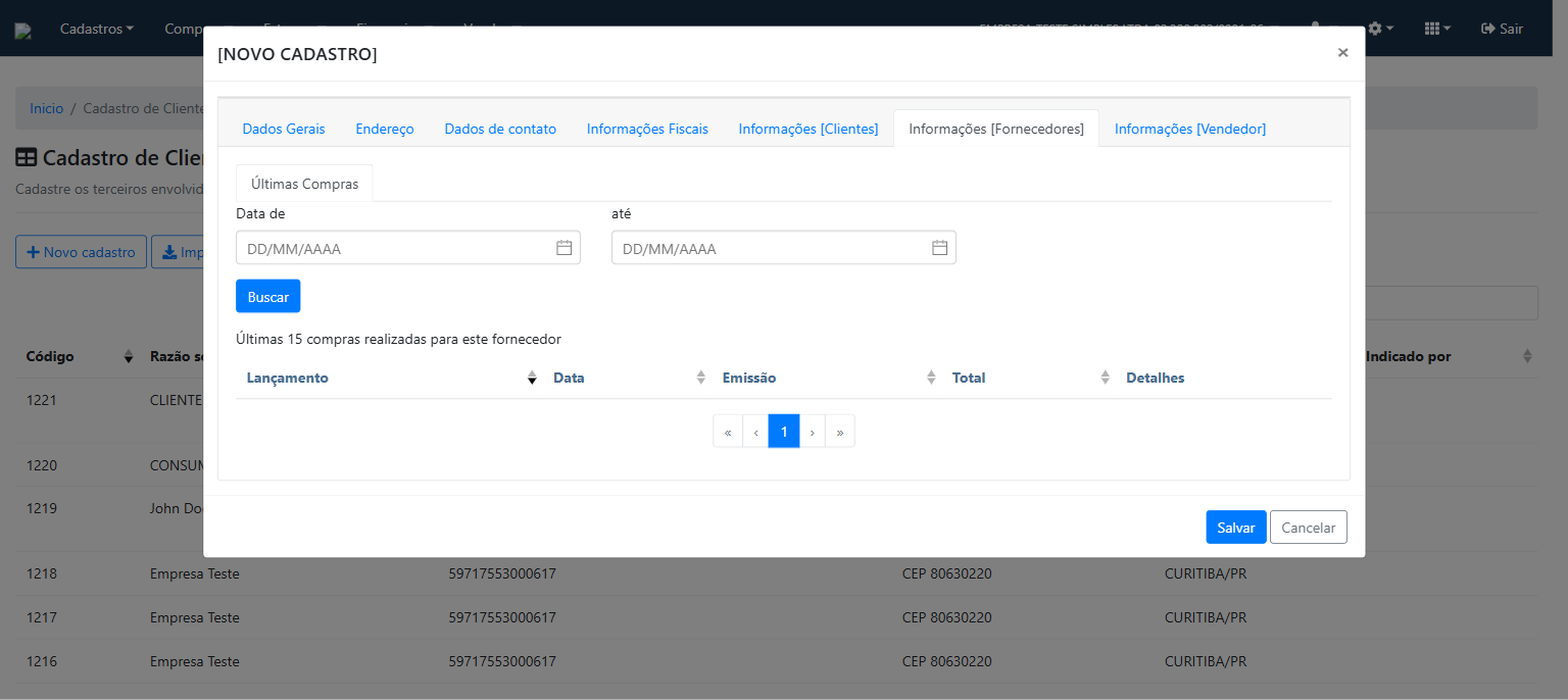 Aba de informações de fornecedores