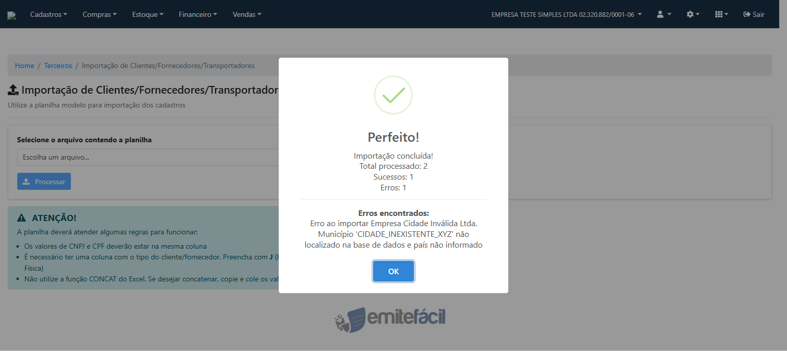 Resultado com erros parciais