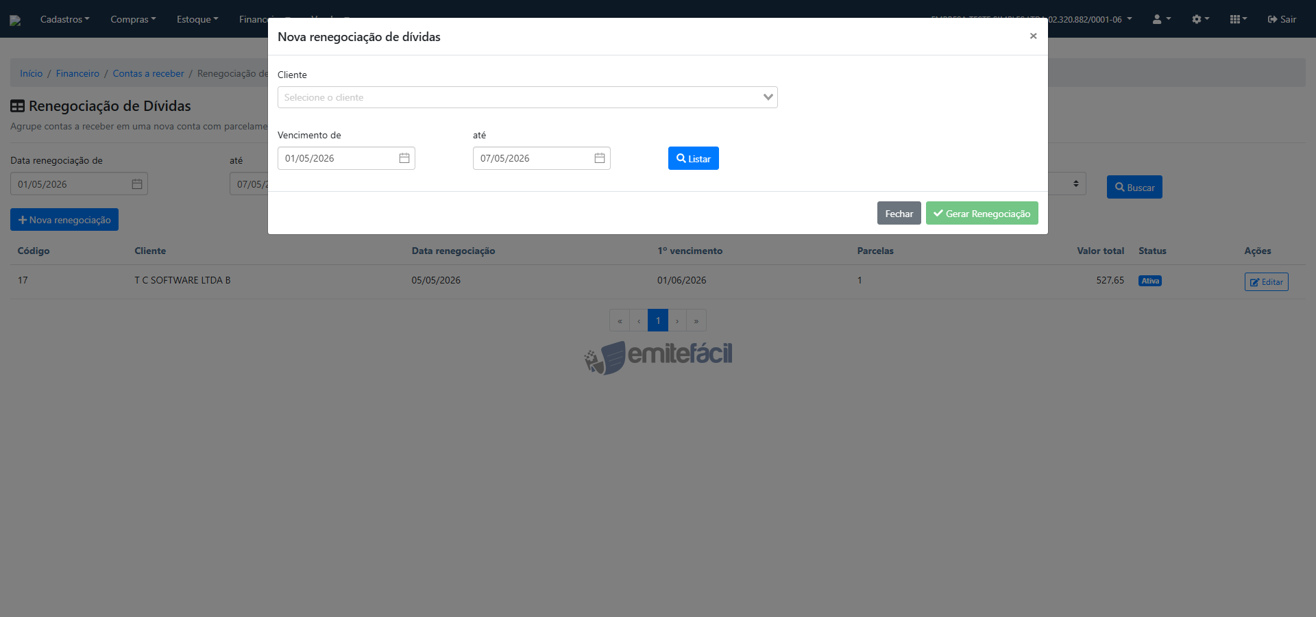 Modal de nova renegociação